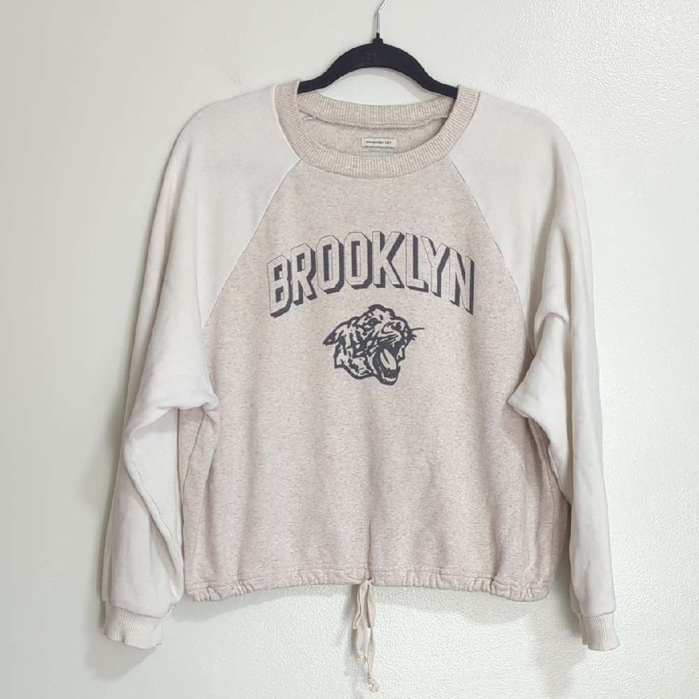 American Eagle Ahh-mazingly Soft White Beige Brooklyn Logo Drawstring Sweater